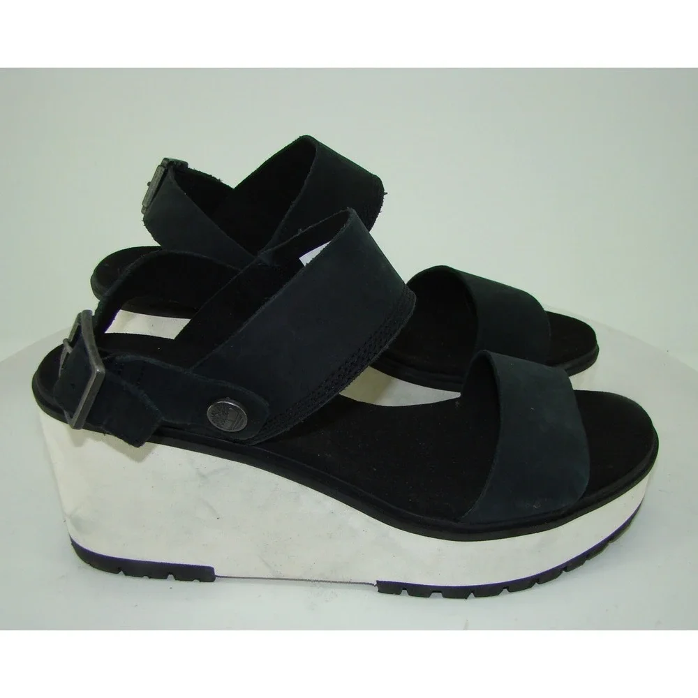 TIMBERLAND WOMENS BLACK WHITE KORALYN WEDGE PLATFORM SANDALS A26SF SIZE 10 C134